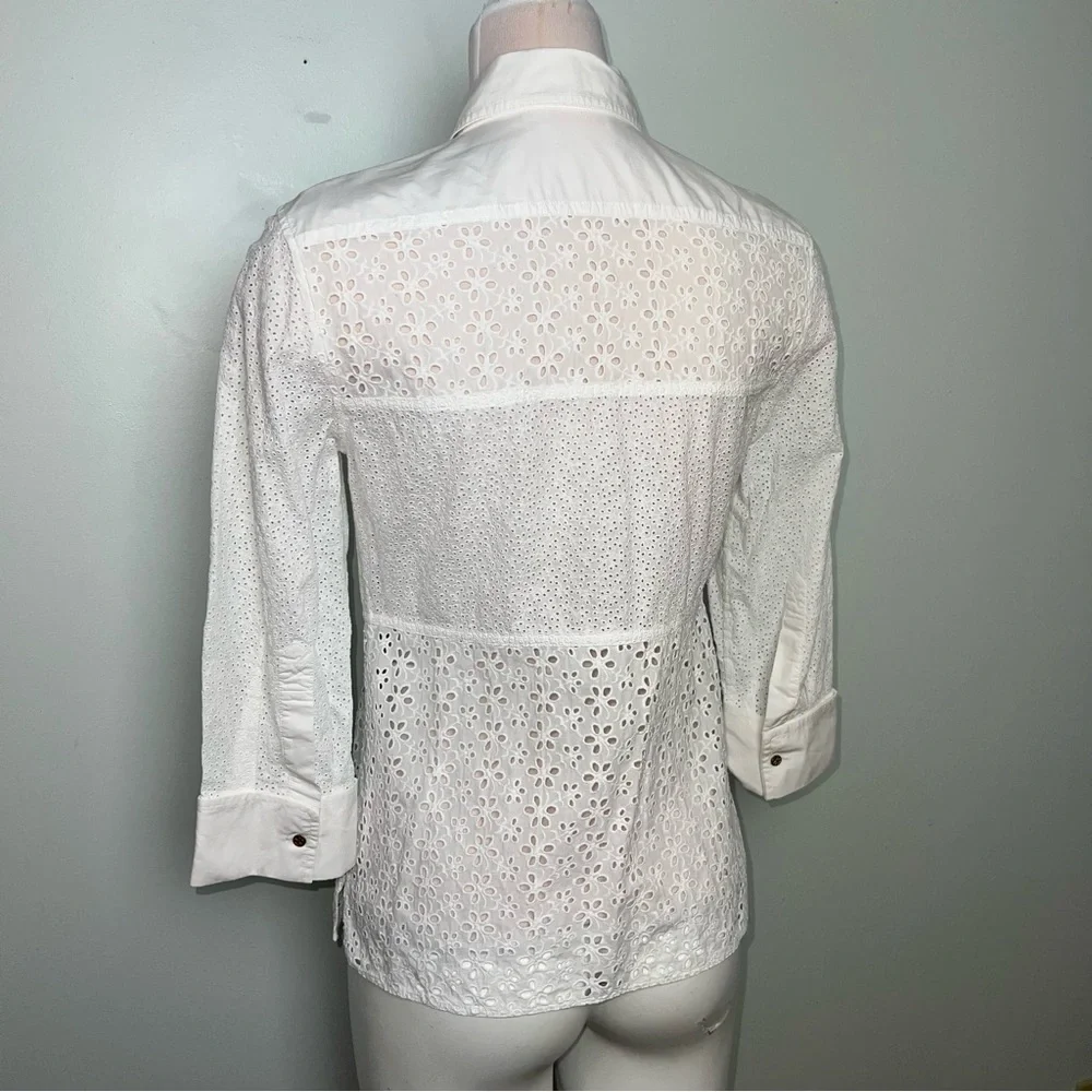 Tory Burch White Eyelet Button Down Blouse Peplum Shirt Size 4 Cotton Lace